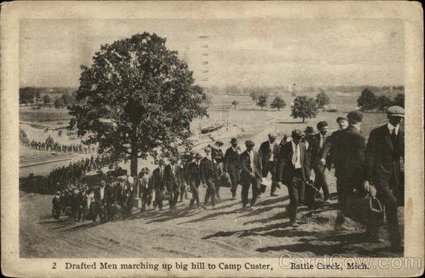 Drafted men marching up big hill to Camp Custer Battle Creek Michigan