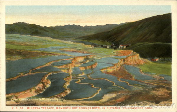 Minerva Terrace, Mammoth Hot Springs Hotel in Distance Yellowstone National Park Wyoming