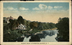 Scene with river and homes Livingston Manor, NY Postcard Postcard