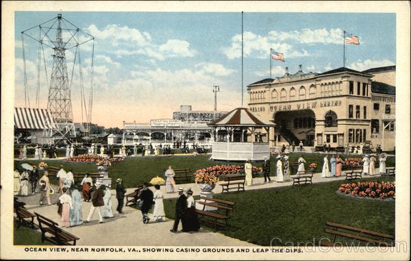 Ocean View showing Casino Grounds and Leap The Dips Norfolk, VA Postcard