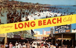 Crowds on the Beach, and On the Pike Long Beach, CA Postcard Postcard