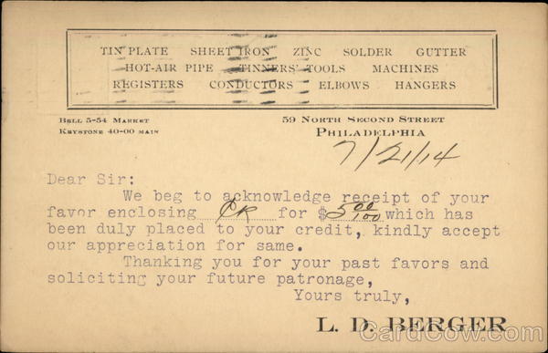 L.D. Berger Sheet Metal Philadelphia Pennsylvania Advertising