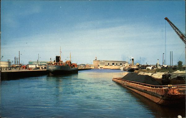 Oil boats tied up at dock in Indiana Harbor East Chicago