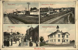 Front Street; S.P. Depot, High and Grade School Woodburn, OR Postcard Postcard