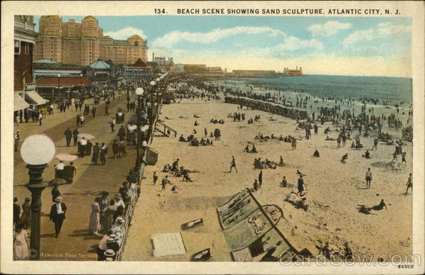 Beach scene showing sand sculpture Atlantic City New Jersey