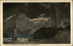 The Old and New Light House by night Postcard