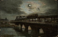 Moonlight View over Bridge and Boston Elevated Postcard