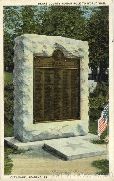 Berks County Honor Role to World War, City Park Reading Pennsylvania