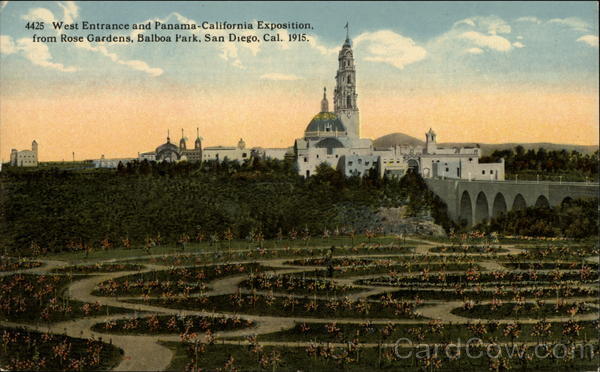 West Entrance and Panama-California Exposition from Rose Gardens, 1915 San Diego