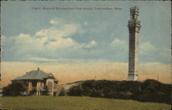 Pilgrim Memorial Monument and High School Postcard