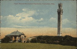 Pilgrim Memorial Monument and High School Provincetown, MA Postcard Postcard