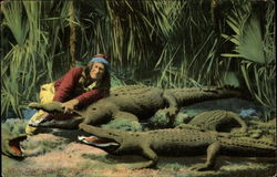 White Tiger with his Alligators, So. Beach Naigawi Farm Jacksonville, FL Postcard Postcard