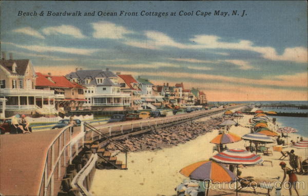 Beach and Boardwalk and Ocean Front Cottages at Cool Cape May, N.J New Jersey