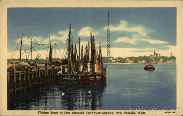 Fishing Boats at Pier showing Fairhaven Skyline New Bedford Massachusetts