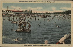 Lake Shafer Bathing Beach with Ballroom showing in background Monticello, IN Postcard Postcard