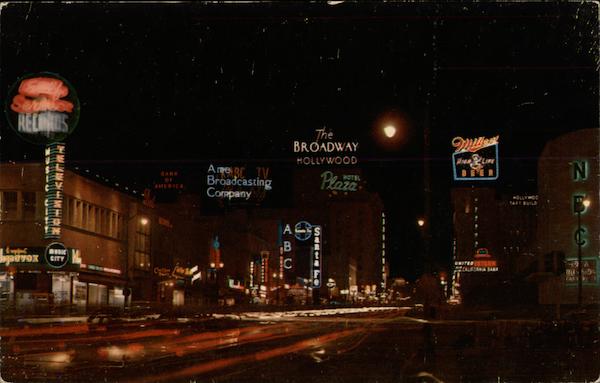 Hollywood at night from Sunset Boulevard and Vine Street California