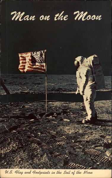 U.S. Flag and Footprints in the Soil of the Moon Space & Rockets
