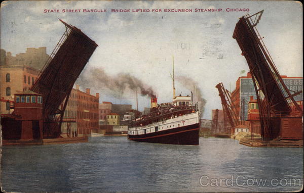State Street Bascule, Bridge Lifted for Excursion Steamship Chicago Illinois