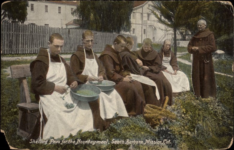 Shelling peas for the noonday meal, Santa Barbara Mission California