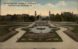 Flower Beds & Fountain at Entrance to Highland Park Postcard