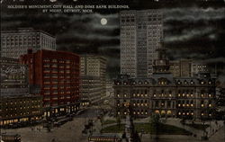 Soldier's Monument, City Hall & Dime Bank Buildings by Night Detroit, MI Postcard Postcard