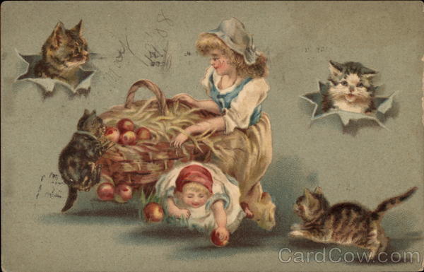 Children Picking apples Surrounded by Cats