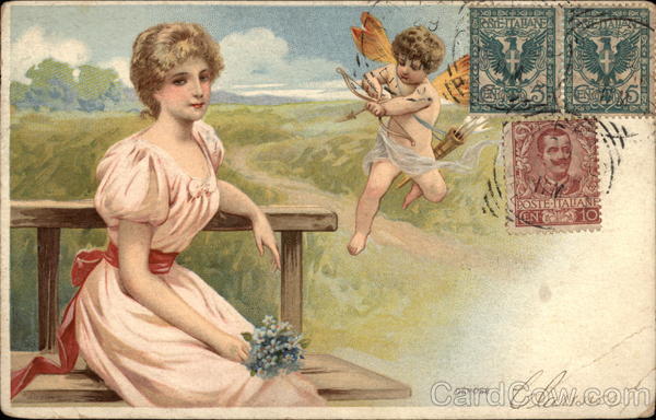 Girl on Bench with Cupid Women