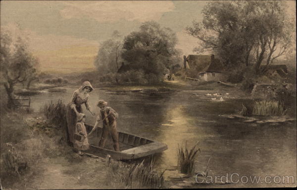 Mom and children on boat heading down the creek Art