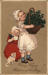 Two Girls with a Kitten and a Basket of Clovers Postcard Postcard