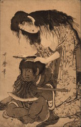 man receiving hair cut Japan Asian Postcard Postcard