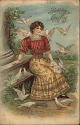 Woman Surrounded by White Birds Postcard