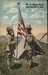 Two Military Men and the American Flag World War I Postcard Postcard