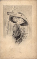 Girl In Hat Carrying Holly Girls Postcard Postcard