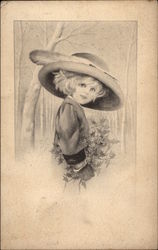 Girl In Hat Carrying Holly Postcard