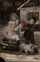 Little Girl and Boy with Two Pigs Postcard