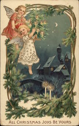 Children with Wings Over a Night Village Scene Postcard