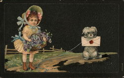 Girl and Dog with Flowers and Letter Postcard