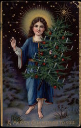 Child With Halo Carrying a Christmas Tree Postcard