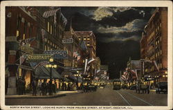 North Water Street, looking north from Prairie Street, at night Decatur, IL Postcard Postcard