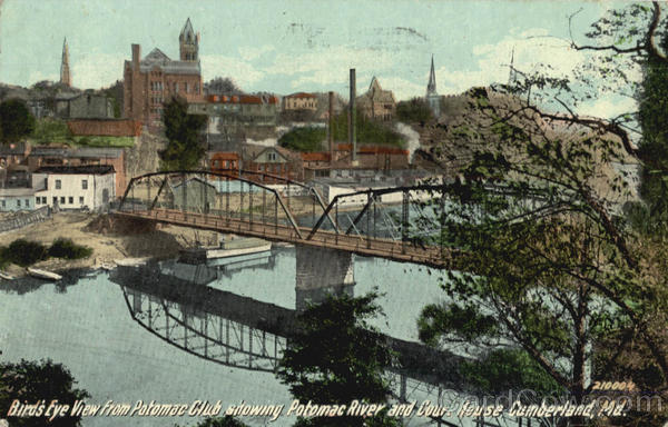 Bird's Eye View from Potomac Club showing Potomac River and Court House Cumberland Maryland