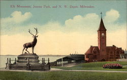 Elk Monument, Juneau Park and N.W. Depot Postcard