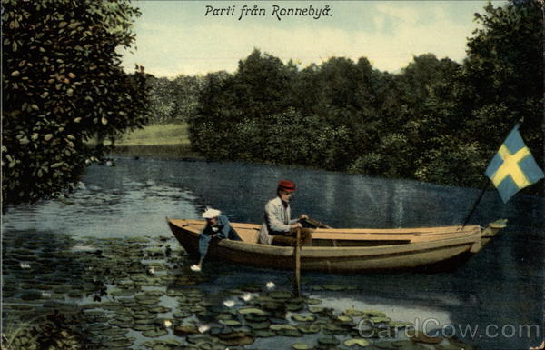 Man on a Rowboat with a Swedish Flag Ronneby Sweden