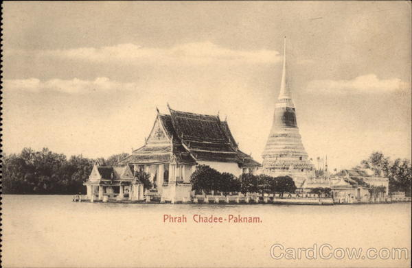 Temple and RIver Phrah Chadee-Paknam Thailand Southeast Asia