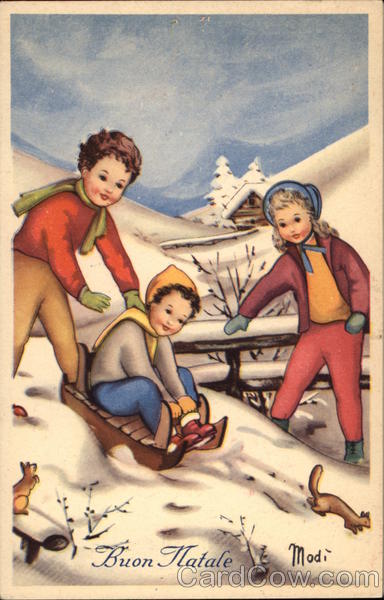 Buon Natale - Happy Christmas - Children Toboganning in Snow