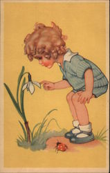 Young Girl Looking at a Snowdrop Postcard