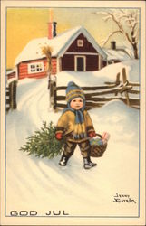 Boy Carrying Christmas Tree and Basket of Gifts Postcard