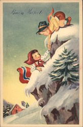 Buon Natale - Happy Christmas - Boy and Girl Climbing a Snowy Cliff Postcard