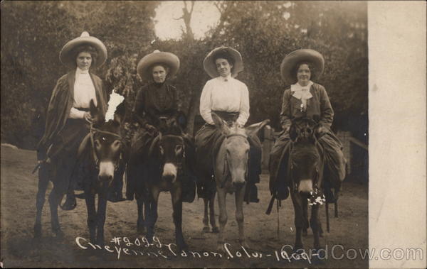 Women on burros at Cheyenne Canon (Park), Colo., 1909 Colorado