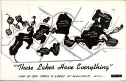 "These Lakes Have Everything", map of the Chain O'Lakes Waupaca, WI Postcard Postcard