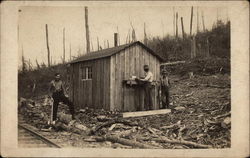 Three Men by Railroad Shack Postcard